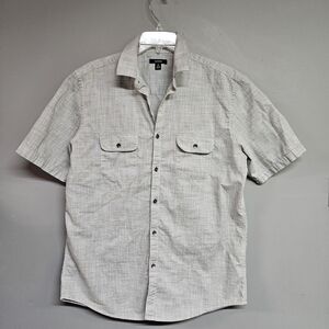 AlfaninMen's Medium Button-down Short Sleeve Collared Shirt White Gray Tan